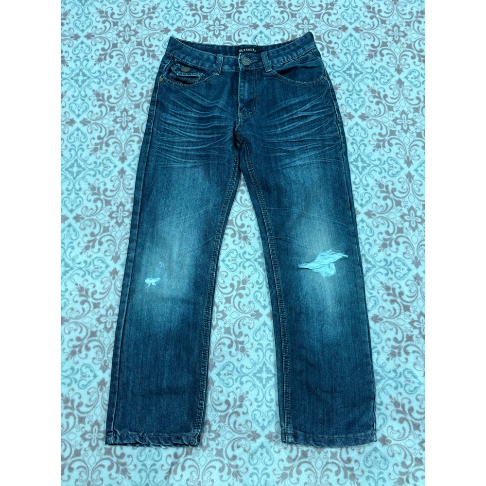 Rebel Boys Dark Wash Distressed Straight Leg Jeans Size 10 Whiskered Denim